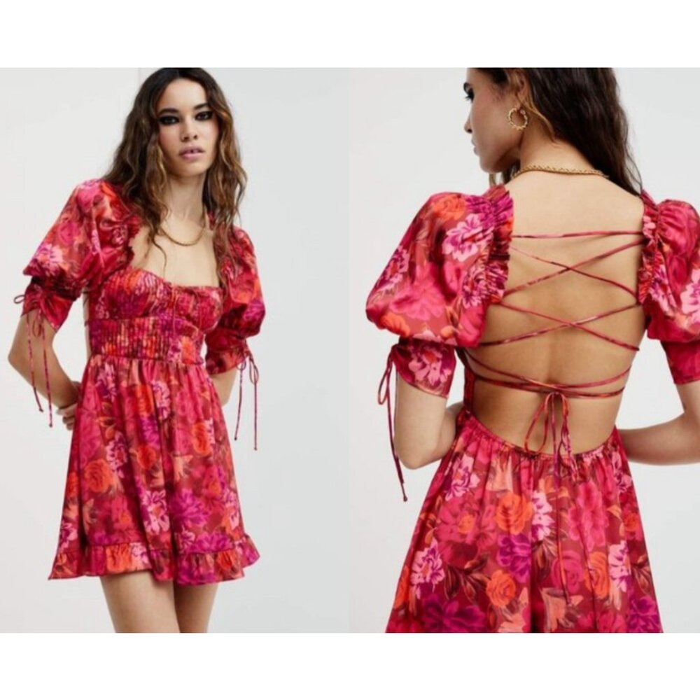 For Love & Lemons Alia Mini Floral Dress Ruffle Flirty Lace Up Puff Sleeves